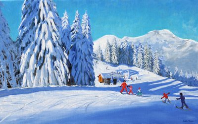 La lección de esquí, Morzine, 2015 (óleo sobre lienzo) de Andrew Macara