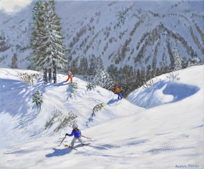 Tres esquiadores, Kitzbuehel, Austria, 2024 (óleo sobre lienzo) de Andrew Macara