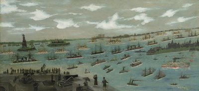 Revisión de la flota de los Estados Unidos en el puerto de Nueva York con la Estatua de la Libertad, 1893 de Andrew Meyer