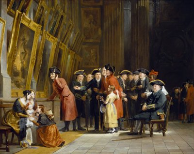 Reunión de veteranos del Ejército y la Armada británicos, que sirvieron a las órdenes de Horatio Nelson (1758-1805): Residentes de Chelsea (vestidos de rojo) y del Hospital de Greenwich (vestidos de azul) visitando la galería de pintura marina del Hospital de Andrew Morton