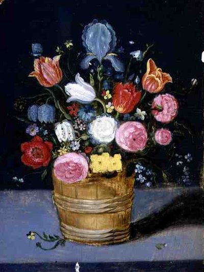 Bodegón de flores en una tina de madera de Andries Daniels or Danielsz