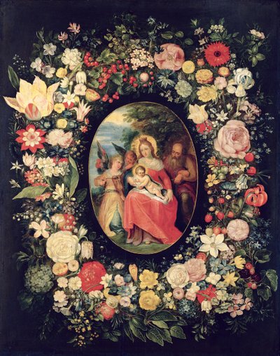 La Sagrada Familia enmarcada por una guirnalda de flores de Andries Daniels or Danielsz