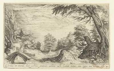 Paisaje con un ciervo en un puente. Paisajes (título de la serie) de Andries Jacobsz. Stock