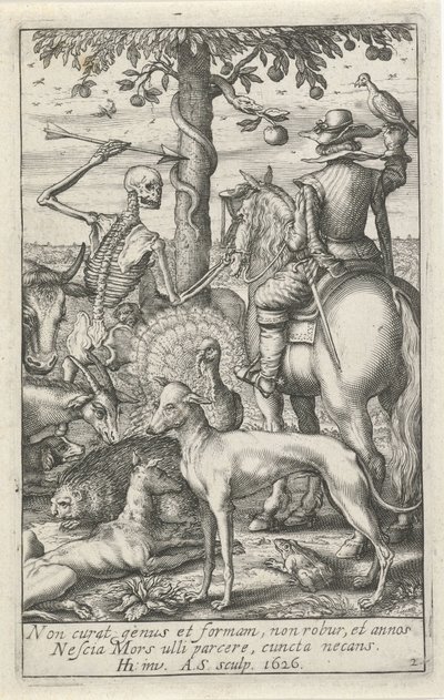 Esqueleto con flecha y cetrero, en medio de animales Esqueletos de animales (título de la serie) de Andries Jacobsz. Stock