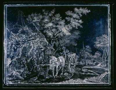 Ventana con caballo y carruaje y algunas figuras para una posada de Andries Melort