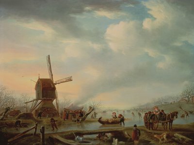 Un extenso paisaje invernal con figuras patinando de Andries Vermeulen