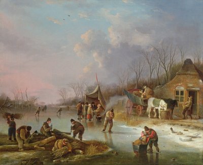 Campesinos holandeses en un río congelado de Andries Vermeulen