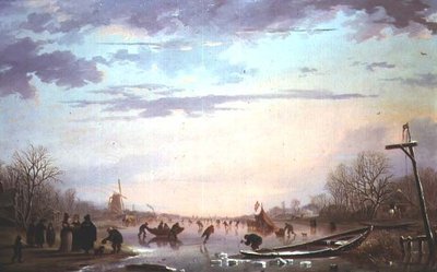 Escena de patinaje en un río congelado de Andries Vermeulen