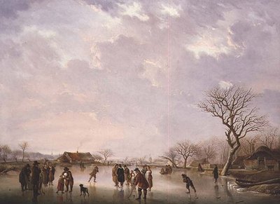 Escena de invierno con jugadores de hockey y otras figuras de Andries Vermeulen
