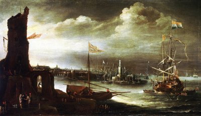 Un barco holandés anclado frente al puerto de Génova (Italia) de Andries van Eertvelt
