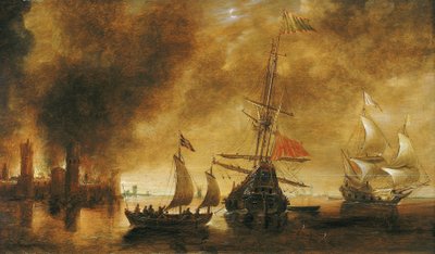 Al amanecer tras el bombardeo de un puerto por la flota española, los edificios portuarios aún están humeantes de la batalla nocturna, un barco cargado de soldados se desplaza alrededor de la nave central de Andries van Eertvelt