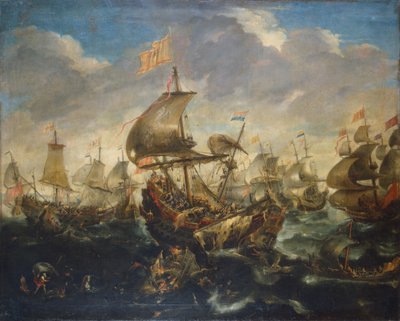 Batalla de la flota española y holandesa en mayo de 1573, durante el sitio de Haarlem de Andries van Eertvelt