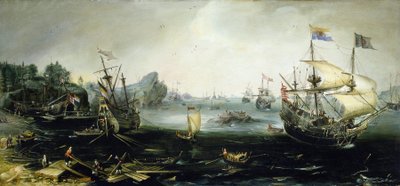 Barcos holandeses cargando madera en un fiordo escandinavo. Óleo de Andries van Eertvelt (1590-1652). de Andries van Eertvelt