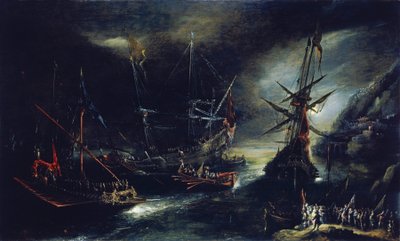 Embarque de tropas españolas, interpretación holandesa de una expedición española, representada en una costa imaginaria del mar Mediterráneo. de Andries van Eertvelt