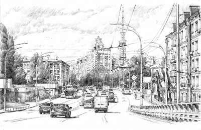 Boceto de una calle urbana bulliciosa de Andrii Kutsachenko