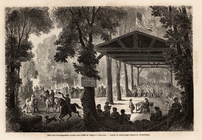 Una escuela de educación mutua, en un bosque de Virginia (Estados Unidos), dibujo de Janet Lange, para ilustrar una visita a la cueva de Mammoth, Kentucky, en 1859, por M. Pousselgue. Grabado en 