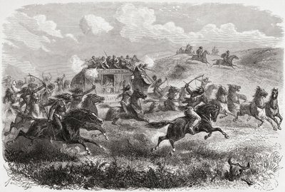Indios atacando una diligencia transcontinental en 1867, ilustración de 