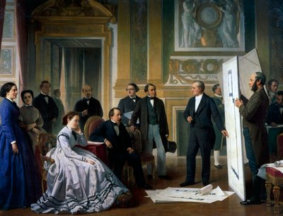 El arquitecto presenta los nuevos planos del Louvre a Napoleón III y Eugenia de Ange Tissier