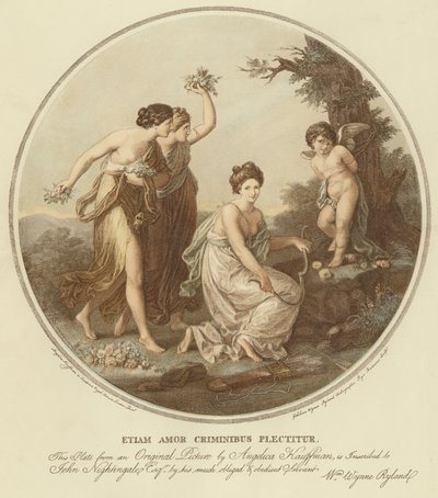 Dos ninfas se burlan de Cupido que está atado a un árbol de Angelica (after) Kauffmann