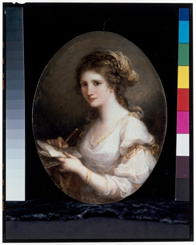 Presunto autorretrato disfrazado de poesía, vestido de blanco, con papel y bolígrafo en la mano de Angelica Kauffman