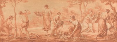 Un friso: Hombres plantando árboles, mujeres recogiendo flores y regándolas de Angelica Kauffmann