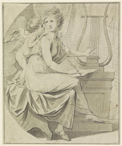 Amor inspira a una joven, que rasguea una lira con una mano y escribe con la otra de Angelica Kauffmann