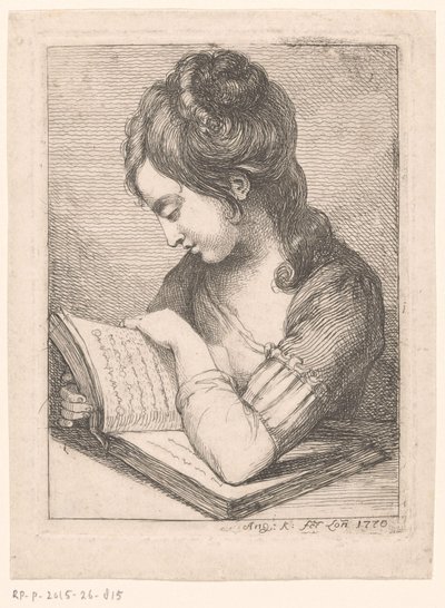 mujer joven, lectura, en, un, mesa, descansar, ella, codo, en, un, libro de Angelica Kauffmann