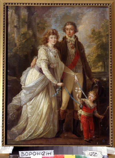 ""Retrato de familia"" Una familia de la nobleza suiza, el niño es sostenido por su madre con cintas. Pintura de Angelika Kauffmann (Angélica Kauffmann de Angelica Kauffmann