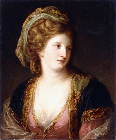 Retrato del artista, busto, con un vestido rosa y una túnica azul bordada en oro, 1767 de Angelica Kauffmann