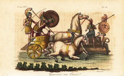 Guerreros griegos antiguos con escudos pintados montando una biga o carro de dos caballos de Angelo (after) Monticelli