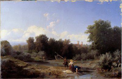 Paisaje o "Pesca" (Pesca en un río). Pintura de Angelo Beccaria (1820-1897) 1855. Genes, Galleria d