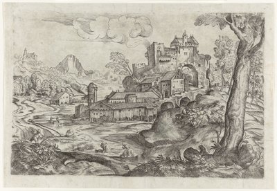 Paisaje con río y castillo de Angelo Falconetto (attributed to)
