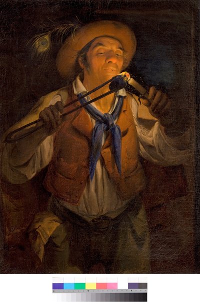 Un campesino enciende una vela con un carbón encendido Pintura de Angelo Inganni (1807-1880) 1850 Colección particular de Angelo Inganni