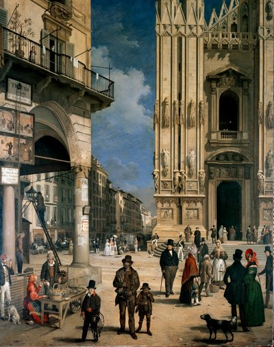Mercado de Figini en Milán (Piazza del Duomo con una esquina del Coperto dei Figini) (detalle) de Angelo Inganni