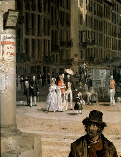 Marcha de Figini en Milán (Piazza del Duomo con una esquina del Coperto dei Figini) Detalle - Pintura de Angelo Inganni (1807-1880) de Angelo Inganni