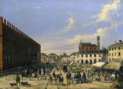Plaza del Mercado en Belgioioso de Angelo Inganni