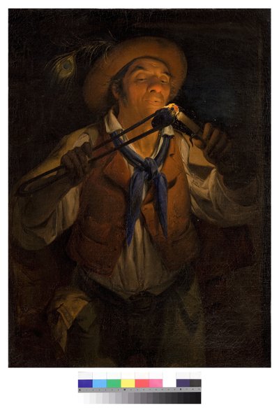 Campesino encendiendo una vela con una brasa de Angelo Inganni