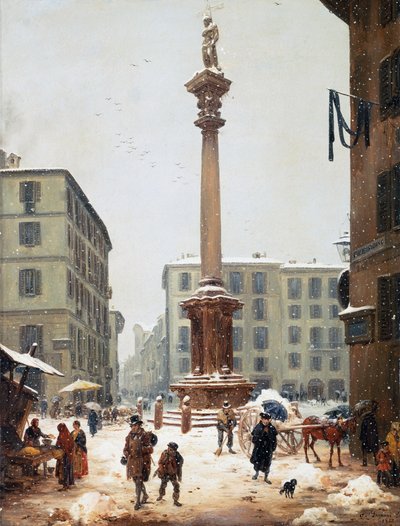 La columna del Redentor en el Verziere (mercado de ultramarinos) vista desde la antigua calle de San Bernardino en Milán de Angelo Inganni