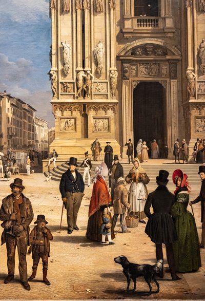 Vista del Duomo con el Coperto de Figini, detalle de Angelo Inganni