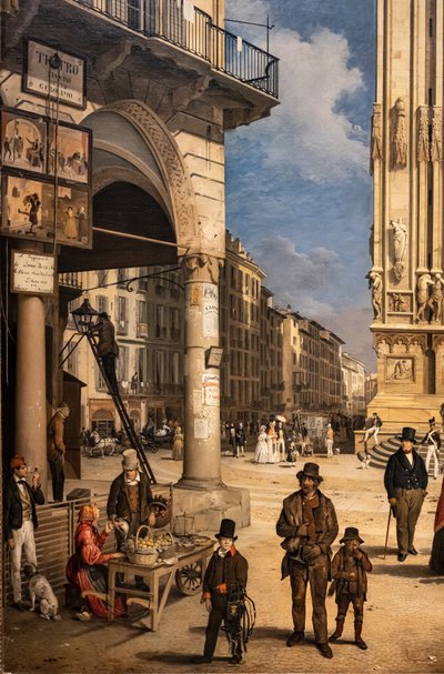 Vista del Duomo con el Coperto de Figini, detalle de Angelo Inganni