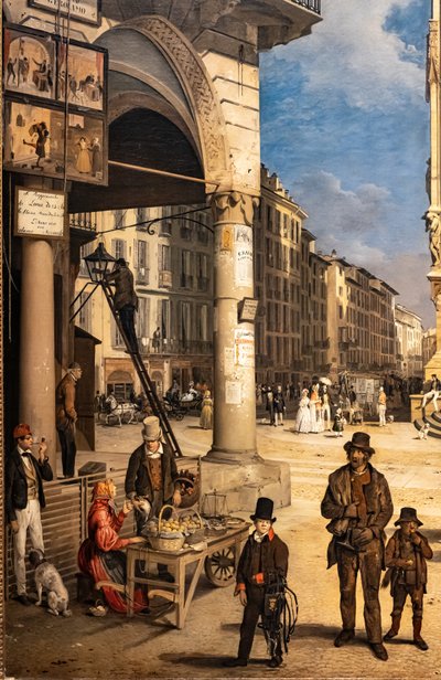 Vista del Duomo con el Coperto de Figini, detalle de Angelo Inganni