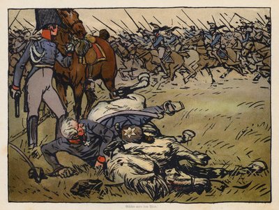 El mariscal Blucher atrapado bajo su caballo muerto en la batalla de Ligny (cromolito) de Angelo Jank