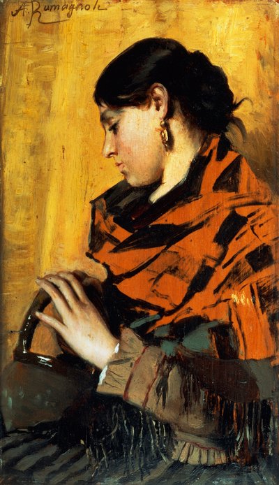 Mujer del pueblo con calentador (óleo sobre lienzo) de Angelo Romagnoli