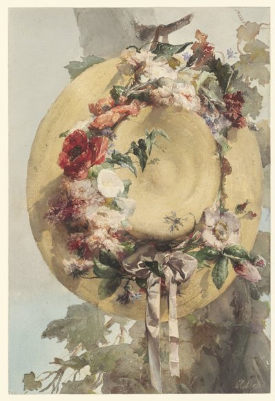 Sombrero de paja con rosas, claveles y acianos de Angelo Rossi