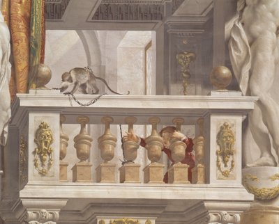 Sala de Recepción del Gran Duque, detalle del techo que Representa un Mono y un Niño en una Balaustrada, 1638-44 de Angelo and Mitelli Colonna