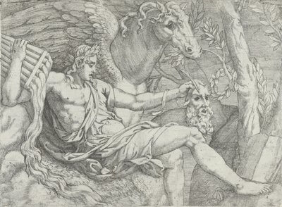 Apolo sosteniendo flautas en su mano derecha acompañado por Pegaso, 1556-60 de Angiolo Falconetto