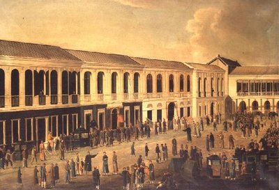 Una vista de los Hongs en el paseo marítimo de Cantón, c.1825 de Anglo Chinese School