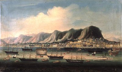 Vista de Hong Kong, con un barco prisión y un vapor de paletas en el puerto de Anglo Chinese School