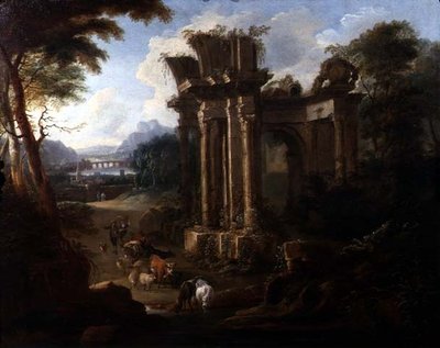 Paisaje clásico con un pastor de vacas abrevando su ganado, c.1720 de Anglo Flemish School
