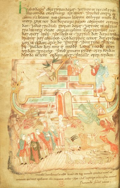 Cott Claud B IV f.15v Noé y su familia saliendo del Arca, del Pentateuco Aelfric, de San Agustín, Canterbury de Anglo Saxon